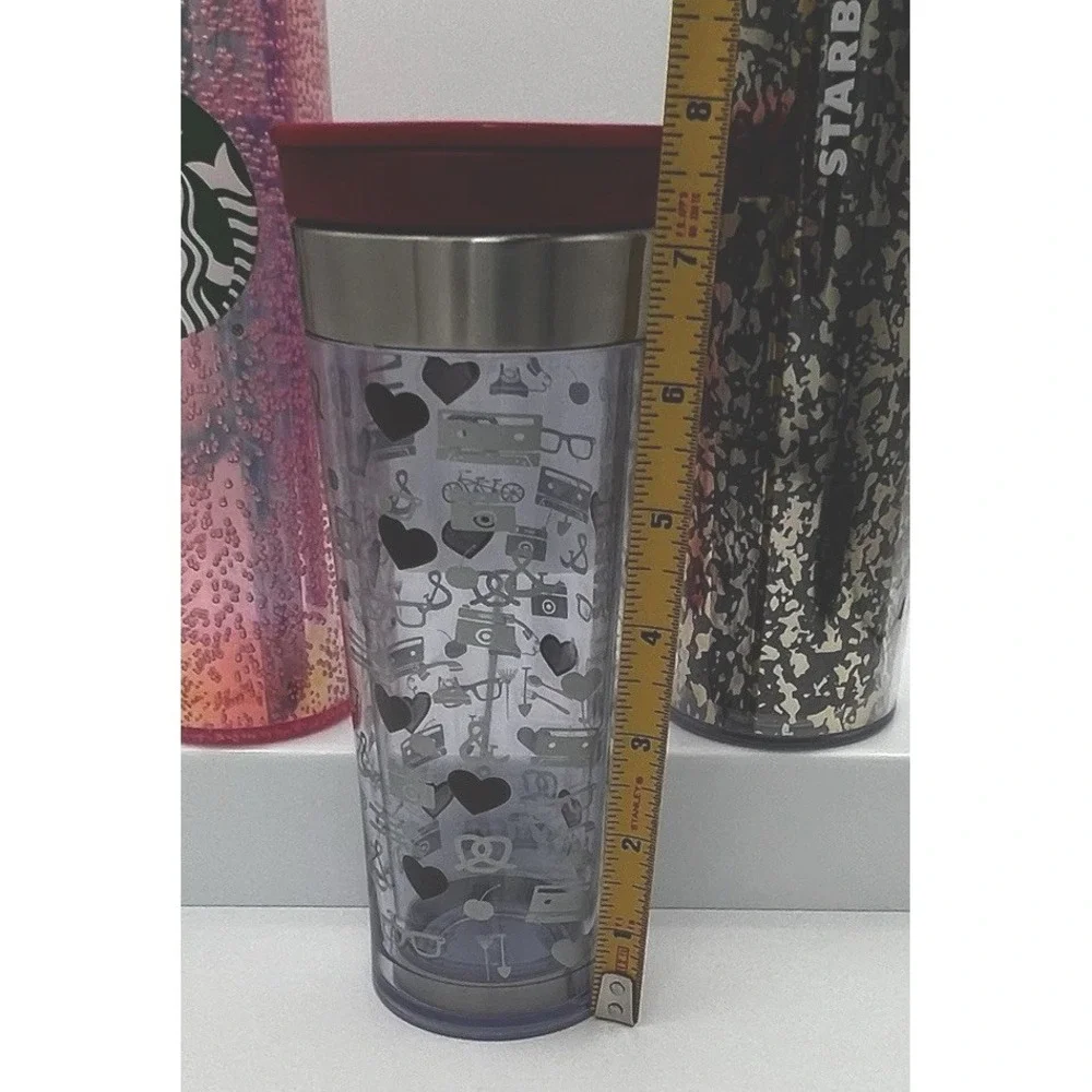 3 Starbucks Tumbler Lot 2009 Retro 12oz, 2 16oz Black Gold Foil & Pink Bubbles